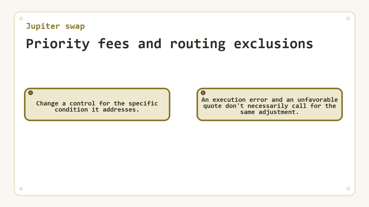 Priority fees and routing exclusions: Change a control for the specific condition it addresses.; An execution error and an unfavorable quote don't necessarily call for the same adjustment.